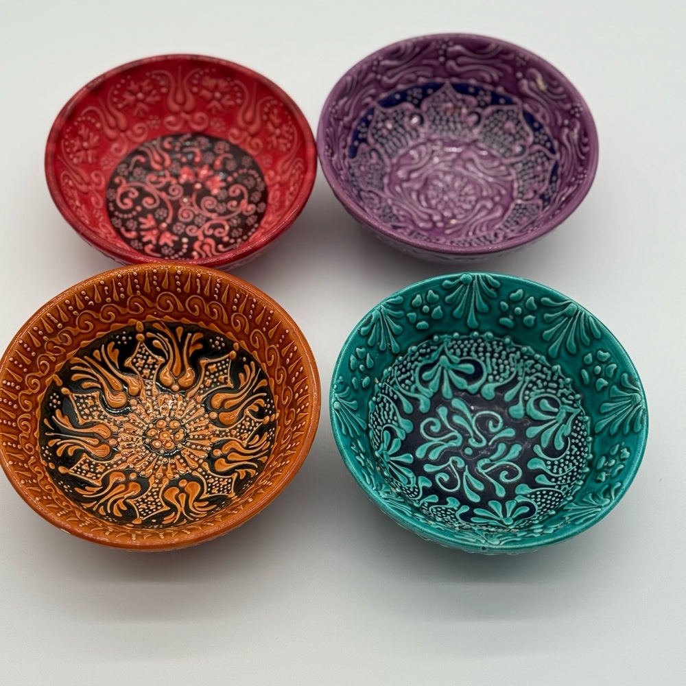 Boho Tapas Bowl Set 4 Handmade HG Art Pottery‎ Embossed Colorful 5in - Picture 3 of 11